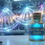 Botol kaca kecil berisi cairan biru Obat Anti Penuaan dengan latar belakang struktur DNA ganda yang bersinar.