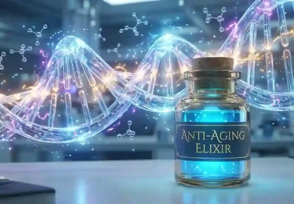 Botol kaca kecil berisi cairan biru Obat Anti Penuaan dengan latar belakang struktur DNA ganda yang bersinar.