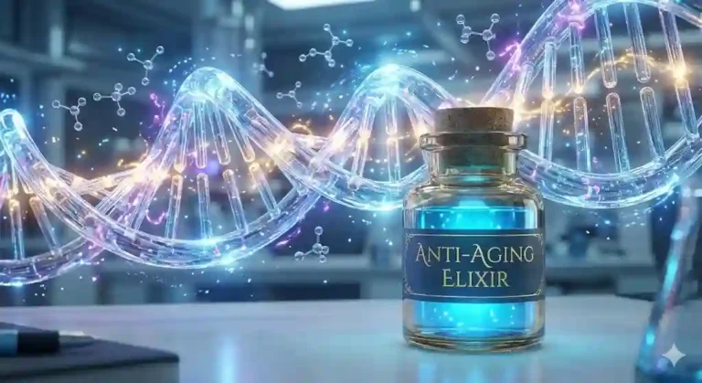 Botol kaca kecil berisi cairan biru Obat Anti Penuaan dengan latar belakang struktur DNA ganda yang bersinar.