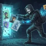 Grafis digital yang menggambarkan peretas bertopeng mencuri aset seni digital dari brankas virtual yang terkunci.