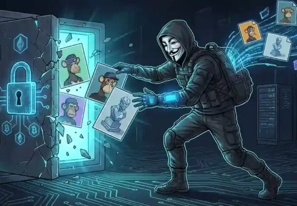 Grafis digital yang menggambarkan peretas bertopeng mencuri aset seni digital dari brankas virtual yang terkunci.