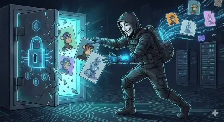Grafis digital yang menggambarkan peretas bertopeng mencuri aset seni digital dari brankas virtual yang terkunci.