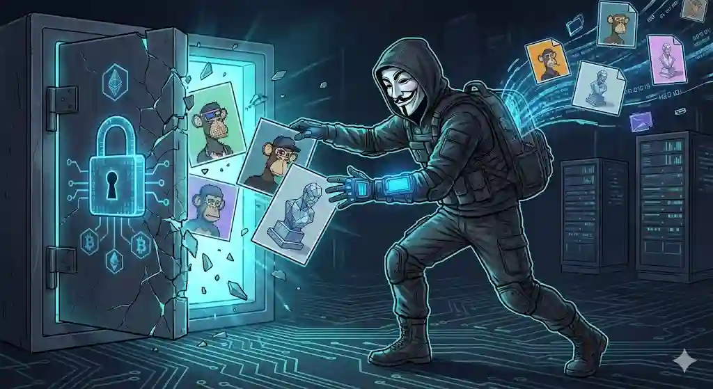 Grafis digital yang menggambarkan peretas bertopeng mencuri aset seni digital dari brankas virtual yang terkunci.