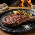 Hidangan steak Daging Mammoth Purba yang dimasak medium-rare dengan hiasan purba di atas piring keramik hitam.