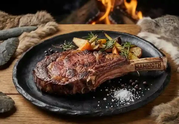 Hidangan steak Daging Mammoth Purba yang dimasak medium-rare dengan hiasan purba di atas piring keramik hitam.