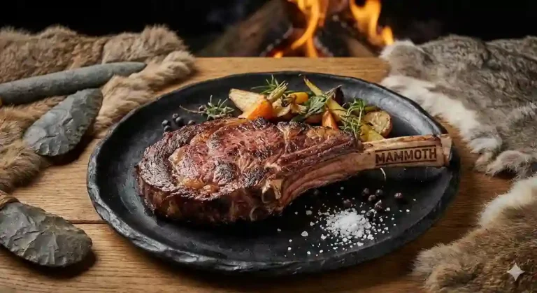 Hidangan steak Daging Mammoth Purba yang dimasak medium-rare dengan hiasan purba di atas piring keramik hitam.