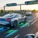 Mobil listrik melaju kencang di jalur khusus Autobahn yang memiliki indikator pengisian daya menyala di aspalnya.