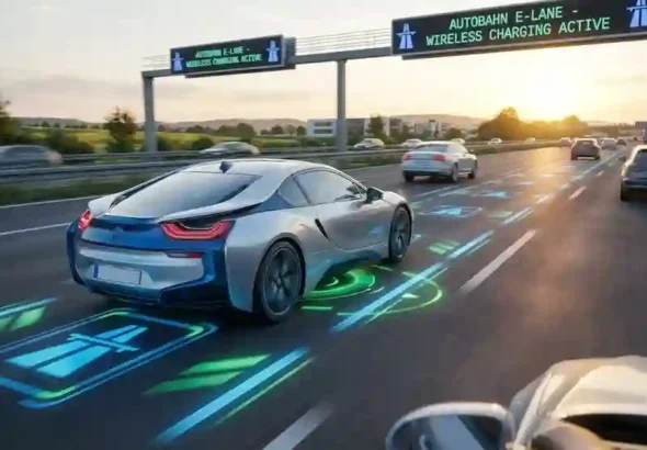 Mobil listrik melaju kencang di jalur khusus Autobahn yang memiliki indikator pengisian daya menyala di aspalnya.