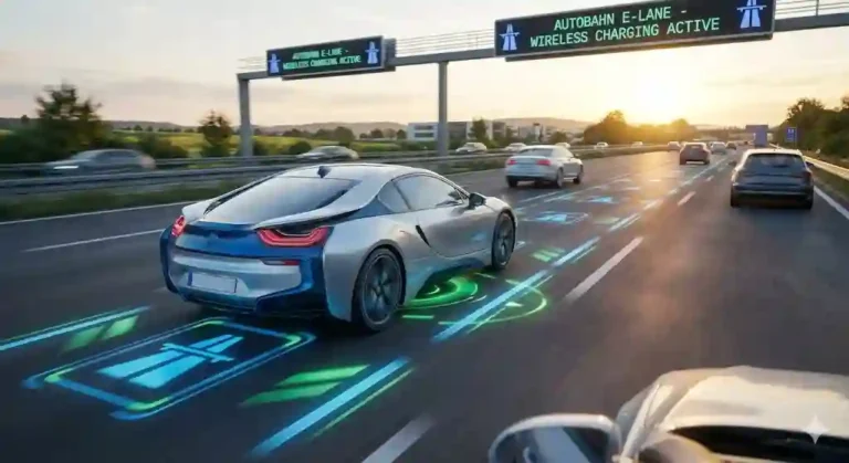 Mobil listrik melaju kencang di jalur khusus Autobahn yang memiliki indikator pengisian daya menyala di aspalnya.