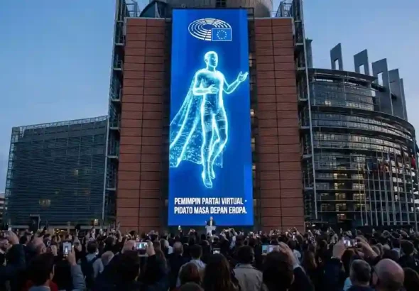 Pemimpin partai virtual berbentuk avatar digital sedang berpidato di layar raksasa gedung Parlemen Eropa.