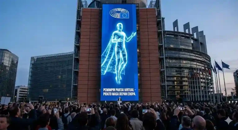 Pemimpin partai virtual berbentuk avatar digital sedang berpidato di layar raksasa gedung Parlemen Eropa.