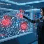 Petugas kepolisian sedang memantau layar holografik yang menampilkan prediksi lokasi kejahatan di peta kota secara real-time.