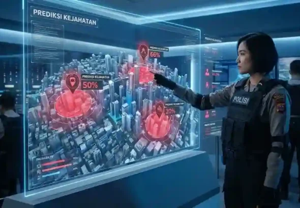 Petugas kepolisian sedang memantau layar holografik yang menampilkan prediksi lokasi kejahatan di peta kota secara real-time.