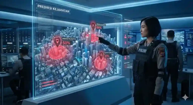 Petugas kepolisian sedang memantau layar holografik yang menampilkan prediksi lokasi kejahatan di peta kota secara real-time.