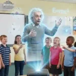 Proyeksi hologram 3D Albert Einstein sedang mengajarkan fisika di depan kelas berisi siswa sekolah dasar.