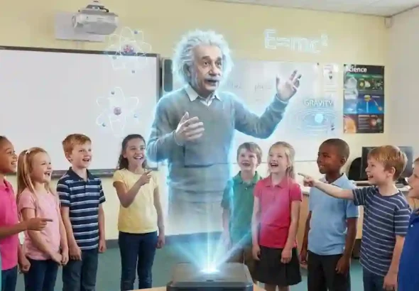 Proyeksi hologram 3D Albert Einstein sedang mengajarkan fisika di depan kelas berisi siswa sekolah dasar.