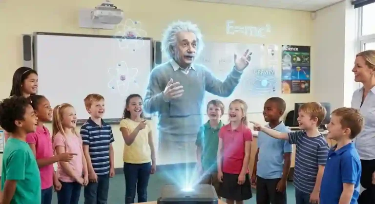 Proyeksi hologram 3D Albert Einstein sedang mengajarkan fisika di depan kelas berisi siswa sekolah dasar.