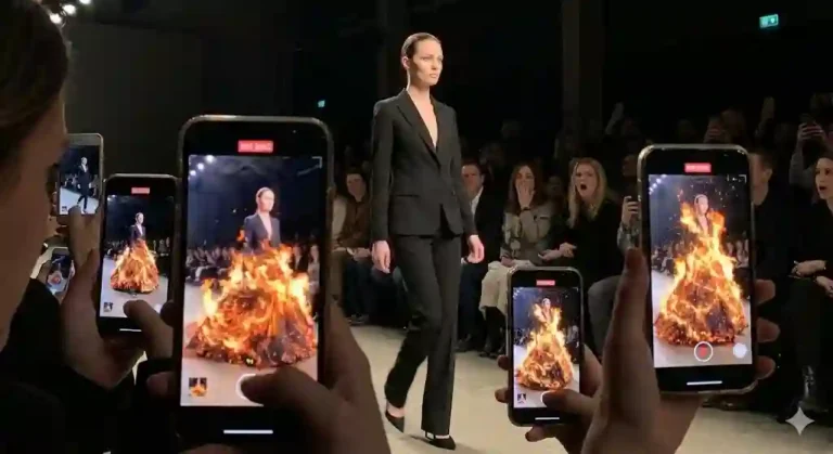 Seorang model berjalan di catwalk mengenakan setelan hitam polos yang berubah menjadi gaun api menyala saat dilihat melalui layar ponsel.