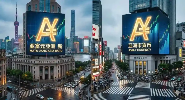 Simbol mata uang baru Asia yang bersinar di layar bursa saham Shanghai dan Tokyo.