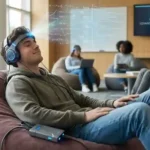 Siswa sedang duduk santai menggunakan headset neural sambil memproses transfer data pengetahuan ke dalam otak mereka.