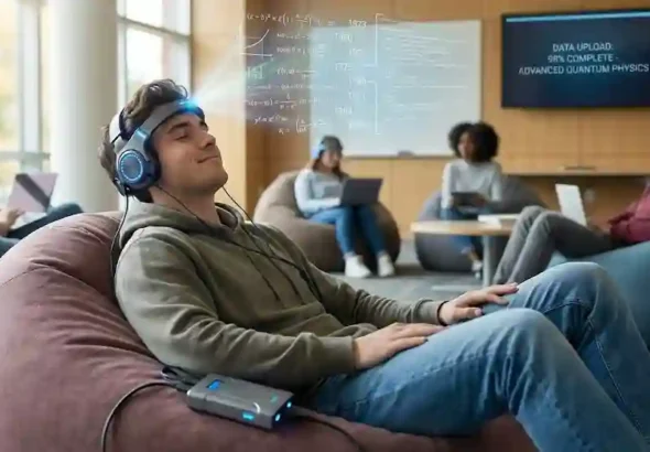 Siswa sedang duduk santai menggunakan headset neural sambil memproses transfer data pengetahuan ke dalam otak mereka.