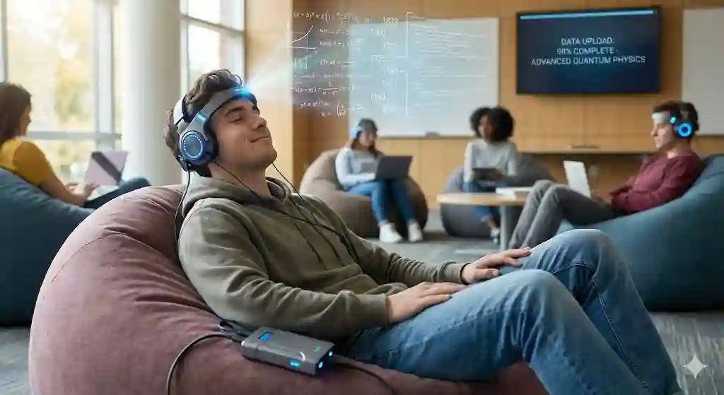 Siswa sedang duduk santai menggunakan headset neural sambil memproses transfer data pengetahuan ke dalam otak mereka.